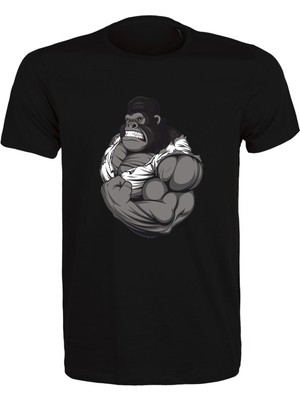 Etifa Tekstil Gorilla Baskılı Unisex Siyah %100 Pamuk Regular Fit Tişört  Günlük & Spor Tarz T-Shirt