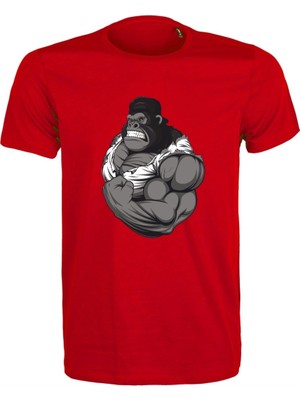 Etifa Tekstil Gorilla Baskılı Unisex Kırmızı %100 Pamuk Regular Fit Tişört  Günlük & Spor Tarz T-Shirt
