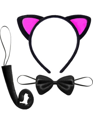 Magicool Kedi Kulak Taç Kuyruk ve Papyon 3 Lü Set Çocuk Boy Fuşya Renk