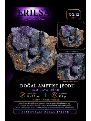 Erilsa Sertifikalı Doğal Ametist Jeodu Taşı Kütle Iri Boy Ham Kaya Kristalli Koleksiyonluk Dekoratif Taş