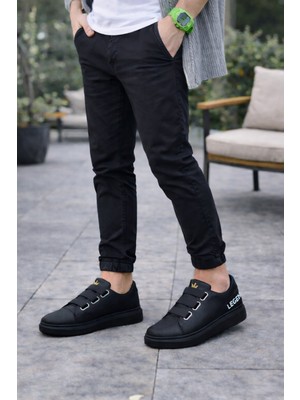 Ramer JY029 Mono Bağcıksız 3 Bantlı Lastikli Legend Cilt Erkek Günlük Sneaker Ayakkabı Cst - Siyah