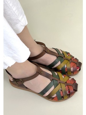 İsmiyle Al Woji Taba Deri Kemerli Sandalet