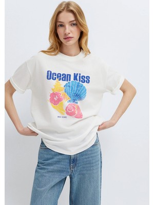 Mavi Baskılı Beyaz Tişört 1614154-70057