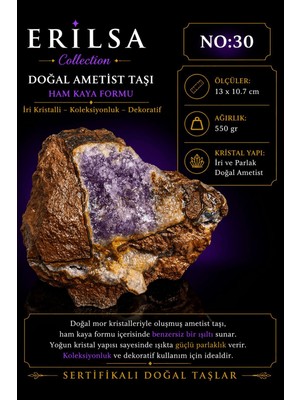 Erilsa Sertifikalı Doğal Ametist Taşı Iri Kristalli Ham Kaya Kütle Dekoratif Koleksiyonluk Parça