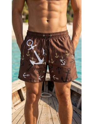 Tarz Yeri Erkek Deniz Şortu Fermuarlı Cepli File Astarlı Hızlı Kuruyan Premium - Kahverengi