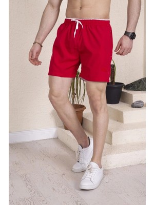 Tarz Yeri Erkek Deniz Şortu Fermuarlı Cepli File Astarlı - Kırmızı