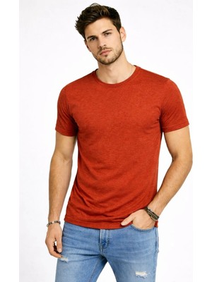 Tarz Yeri Erkek Flam Kumaş Melanj Dokulu Regular Fit Tişört Bisiklet Yaka Yazlık T-Shirt - Kiremit