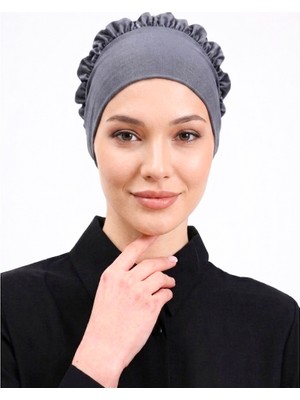 Alivascarf Fırfırlı Dikişsiz Penye Bone Gri - Kadın Tesettür Bağlamalı Topuz Iç Bone