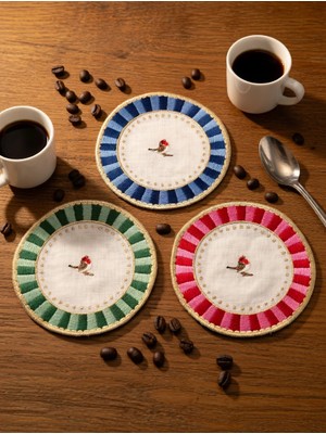 AGBTREND 3'lü Nakışlı Kuş Desenli Yuvarlak Kokteyl Peçete Seti- Pip Studio Uyumlu Mavi-Kırmızı-Yeşil Sunum Peçetesi 15X15CM