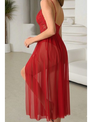 Mht Gaia Premium Dantel Detaylı Şifon Gecelik – Yırtmaçlı ve Transparan Fantazi Gecelik Seti