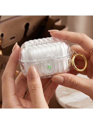 Caseonn Samsung Galaxy Buds 4 Pro Kılıf Kilit Mekanizmalı Çizgili Bavul Tipi Tasarım Şeffaf