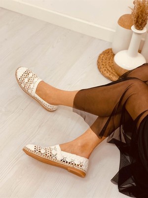 Bereket Kundura 7912 Model Kadın Günlük Beyaz Dantel Espadril Babet Ayakkabı