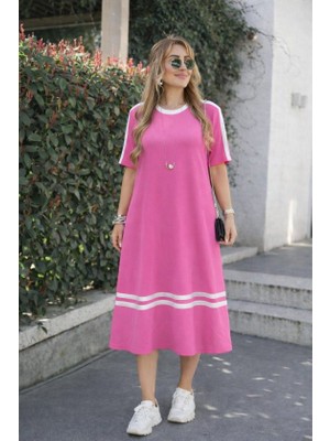 Livizmir Moda Kadın Kısa Kollu Bisiklet Yaka Şerit Detaylı Midi Viskon Elbise