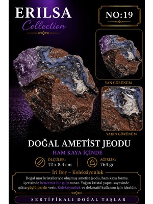 Erilsa Sertifikalı Doğal Ametist Jeodu Taşı Kütle Büyük Boy Kristalli Ham Kaya Koleksiyonluk Mor Doğal Taş