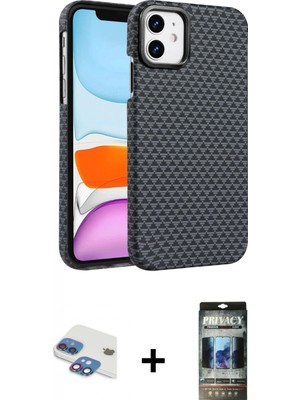 Marsilyan™- iPhone 11 Kılıf Doruk Serisi - Siyah 34D Hayalet Izgaralı Cam + Gökkuşağı Pers Alüminyum Kamera Lens