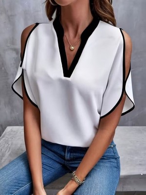 Livizmir Moda Kadın Kısa Kollu V Yakalı Ithal Krep Bluz