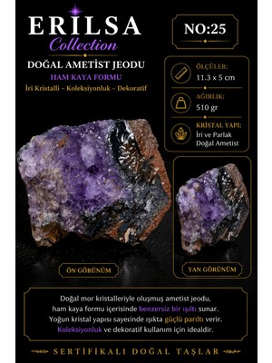 Erilsa Sertifikalı Doğal Ametist Jeodu Taşı Kütle Iri Kristal Ham Kaya Mor Ametist Dekoratif Koleksiyonluk