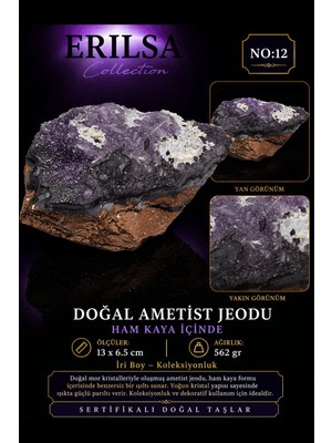 Erilsa Sertifikalı Doğal Ametist Jeodu Taşı Kütle Büyük Boy Ham Kaya Kristal Küme Koleksiyonluk Dekor