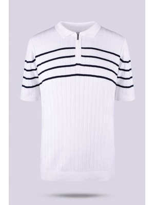 Trender 18204 Yarım Patlı Beyaz-Lacivert Erkek Polo Yaka T-Shirt 26YGT3000007
