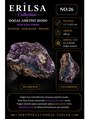 Erilsa Sertifikalı Doğal Ametist Jeodu Iri Kristalli Ham Kaya Kütle Koleksiyonluk Taş