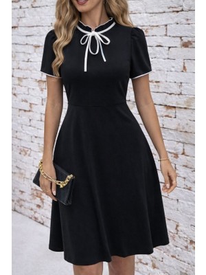 Arben Boutique Kadın Kısa Kollu Yakadan Bağcıklı ve Fırfırlı Midi Janjan Krep Elbise
