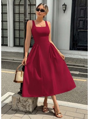 Equri Kadın Askılı Kare Yakalı Uzun Ithal Krep Elbise