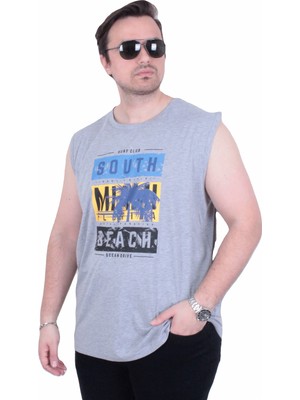 Starbattal Büyük Beden Baskılı Kolsuz Tişört Miami Beach 26126 Grı Melanj