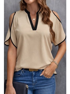 Nidam Butik Kadın Kısa Kollu V Yakalı Ithal Krep Bluz