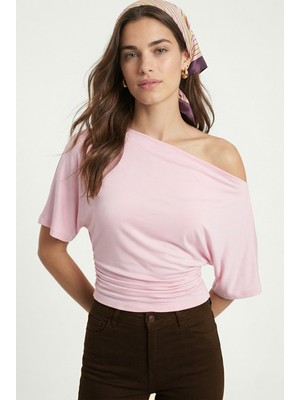 Ritnice Kadın Germa Asimetrik Omuz Detay Pembe Bluz