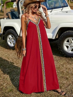 Pusula Sepeti Kadın Askılı V Yakalı Etnik Şerit Detaylı Uzun Viskon Elbise