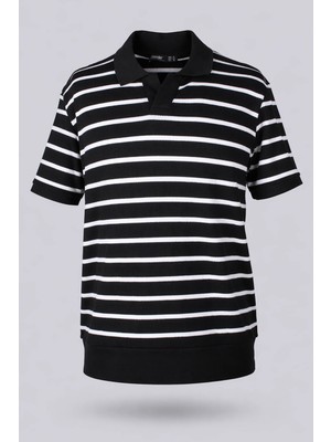 Trender 4045 Yakalı Çizgli Siyah - Beyaz Erkek T-Shirt 26YL71L58055