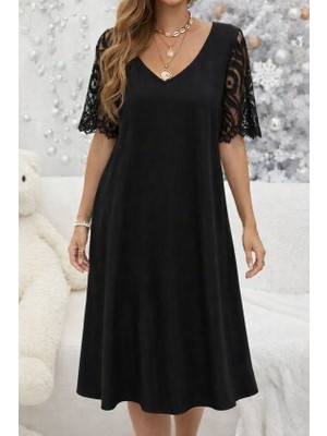 Runique Home Runiquehome Kadın Kısa Dantel Kollu V Yakalı Midi Viskon Elbise
