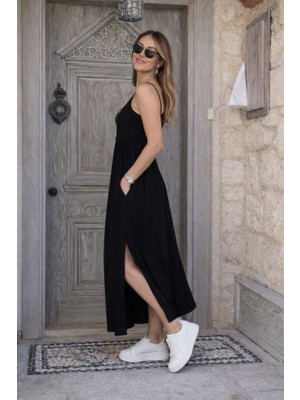 Sun & North Sun&north Kadın Ip Askılı Yuvarlak Yakalı Önden Yırtmaçlı Cep Detaylı Uzun Viskon Elbise