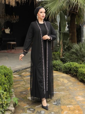 Moda Morfo İncili Taşlı İkili Abaya Takım -Siyah
