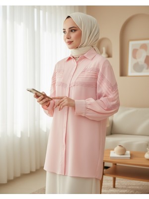 Moda Morfo Boydan Düğmeli Omuzu  ve Önü Fistolu Gömlek  -Pudra