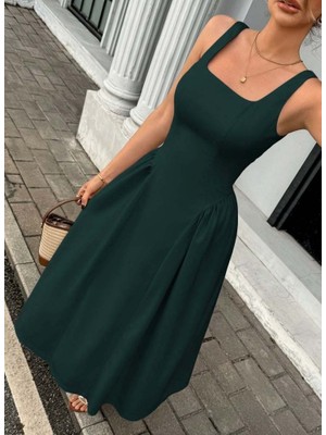 Cotton Lab Cottonlab Kadın Askılı Kare Yakalı Uzun Ithal Krep Elbise