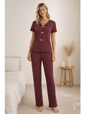 Koza İç Giyim Kadın Kısa Kollu Fiyonklu Fitilli Pijama Takımı