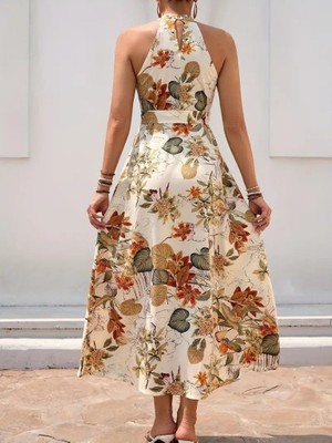 Evyora Kadın Omuzlardan Açık Halter Yakalı Yırtmaçlı Çiçek Desenli Süprem Elbise