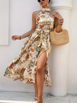 Bi Baksana Kadın Omuzlardan Açık Halter Yakalı Yırtmaçlı Çiçek Desenli Süprem Elbise