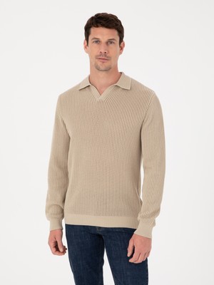 Cacharel Erkek Bej Regular Fit %100 Pamuk Apaş Yaka Triko Kazak 50310535-VR011