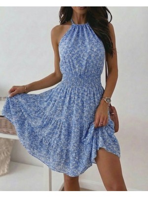 Evyora Kadın Omuzlardan Açık Beli Lastikli Desenli Kısa Süprem Elbise