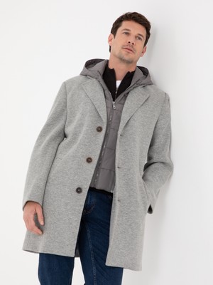 Cacharel Erkek Gri Melanj Regular Fit Rüzgar Korumalı Yün Karışımlı Kaşe Kaban 50311138-VR086