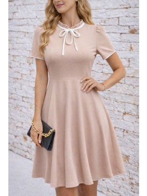 Emh Store Kadın Kısa Kollu Yakadan Bağcıklı ve Fırfırlı Midi Janjan Krep Elbise