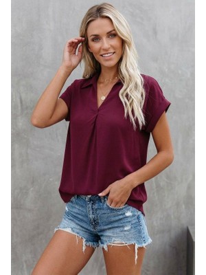 Çamaşır Kenti Kadın Kısa Kollu Yakalı Dokuma Viskon Bluz
