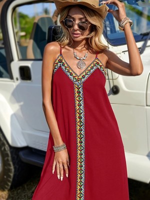 Bi Baksana Kadın Askılı V Yakalı Etnik Şerit Detaylı Uzun Viskon Elbise