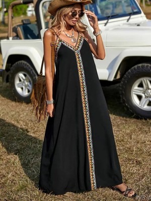 Sun & North Sun&north Kadın Askılı V Yakalı Etnik Şerit Detaylı Uzun Viskon Elbise