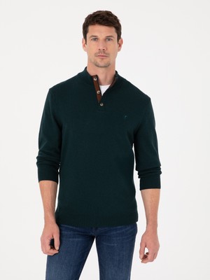 Cacharel Erkek Koyu Yeşil Regular Fit Yün Karışımlı Düğmeli Yaka Triko Kazak 50311895-VR079