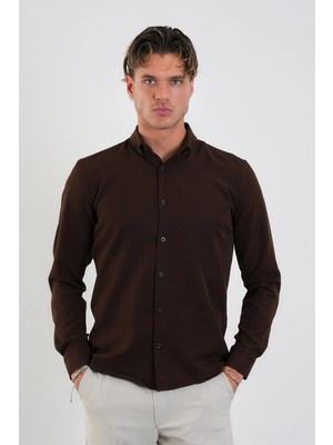 Redline Flex Slim Fit Yumuşak Kolay Ütü Nefes Alan Erkek Gömlek Kahverengi
