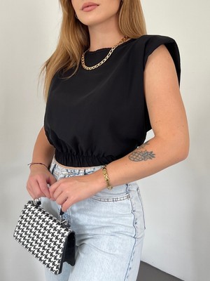 Moda Morfo Omuzları Vatkalı Beli Lastikli  Bluz -Siyah