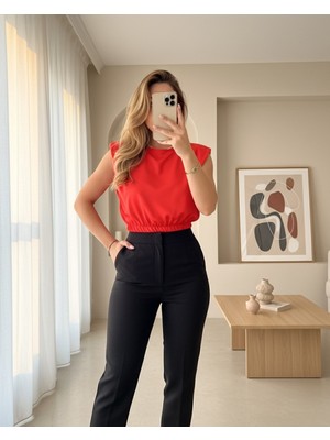 Moda Morfo Omuzları Vatkalı Beli Lastikli  Bluz -Turuncu
